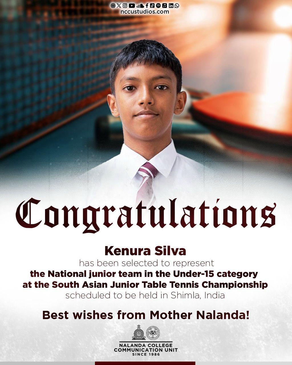 national Junior team in the under15 category at South Asian Junior Table tennis Championship